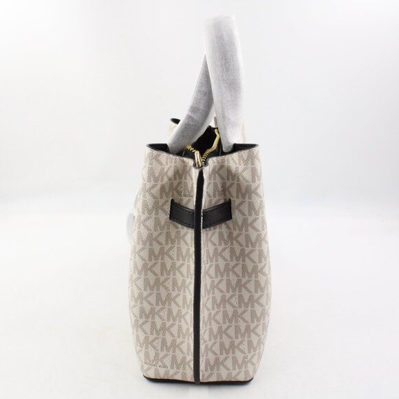 NWT Michael Kors Emilia Small Logo-Print Coated Canvas Satchel in Vanilla/Black - Picture 2 of 12